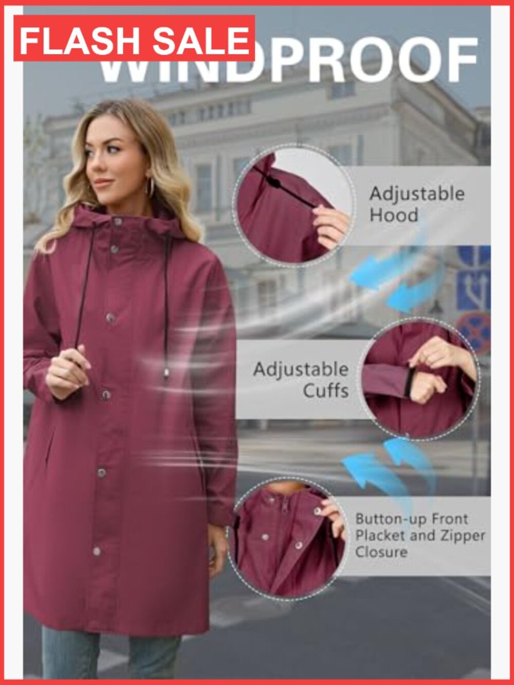Long Packable Rain Jacket Women Waterproof Lightweight Hooded Windbreaker - Picture 5 of 7